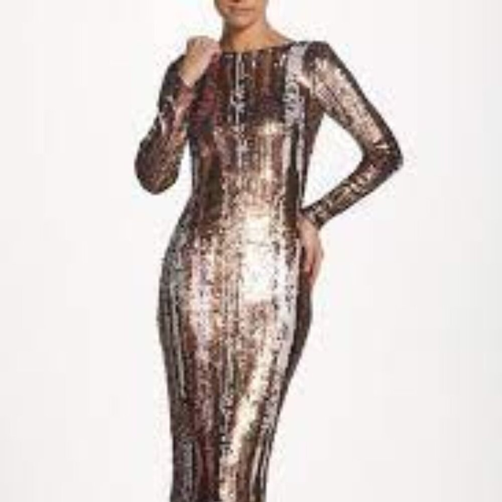 Dress the Population Emery brushstroke gold silver blush midi sequin dress M